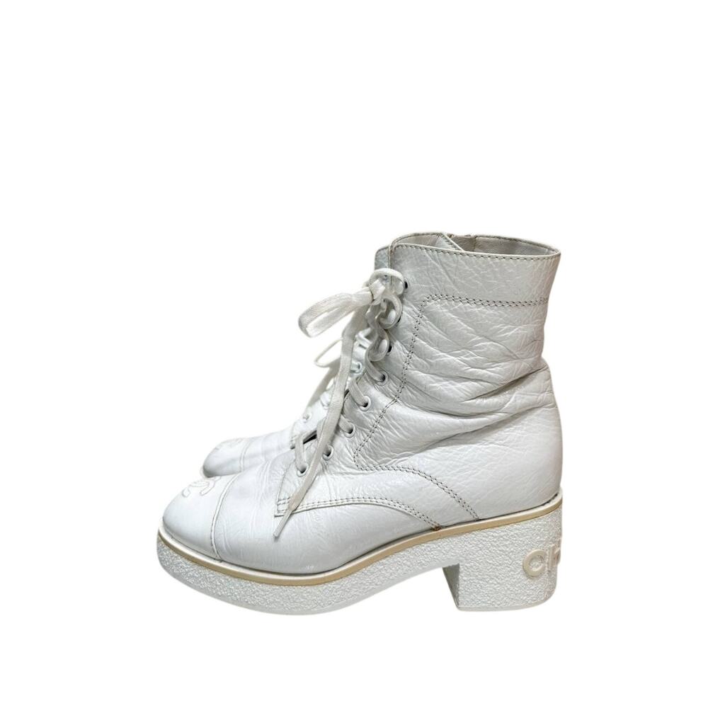 CHANEL 'Ready Steady' White Leather Lace-Up Boots 37.5